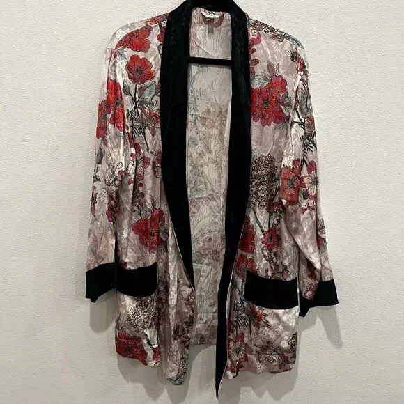 Free People Floral Ladies Who Lounge Printed Kimono Jacket Sz S Missing Belt! - Picture 2 of 9